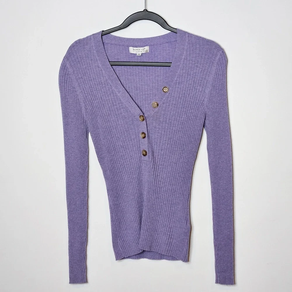 Derek Lam Collective Ribbed Wool Blend Button Front Top Long Sleeve Purple XL